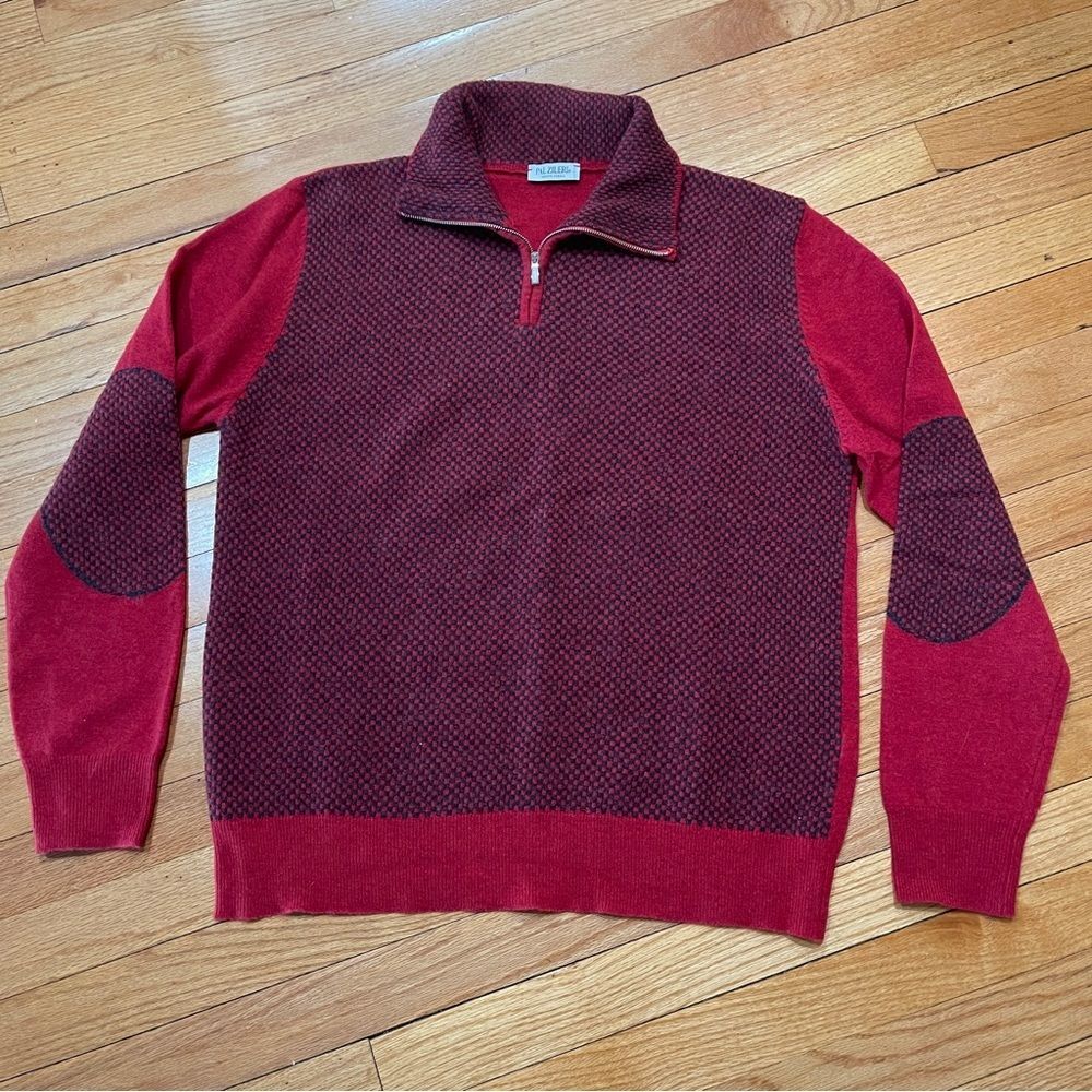 PAL ZILERI Merino Wool Pullover Sweater Mens 52 L 1/4 Zip Elbow Patch Birdseye